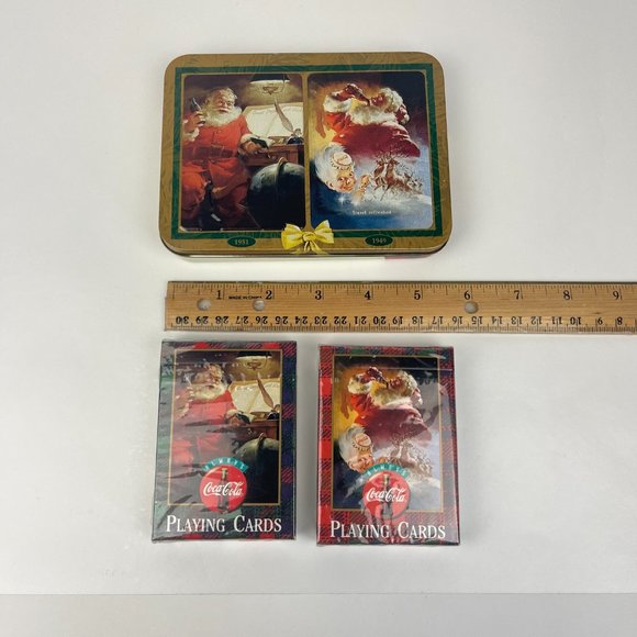 Vtg 1997 Coca Cola Santa Christmas Hinged Tin with 2 Sealed Decks Playing Cards - Picture 6 of 10
